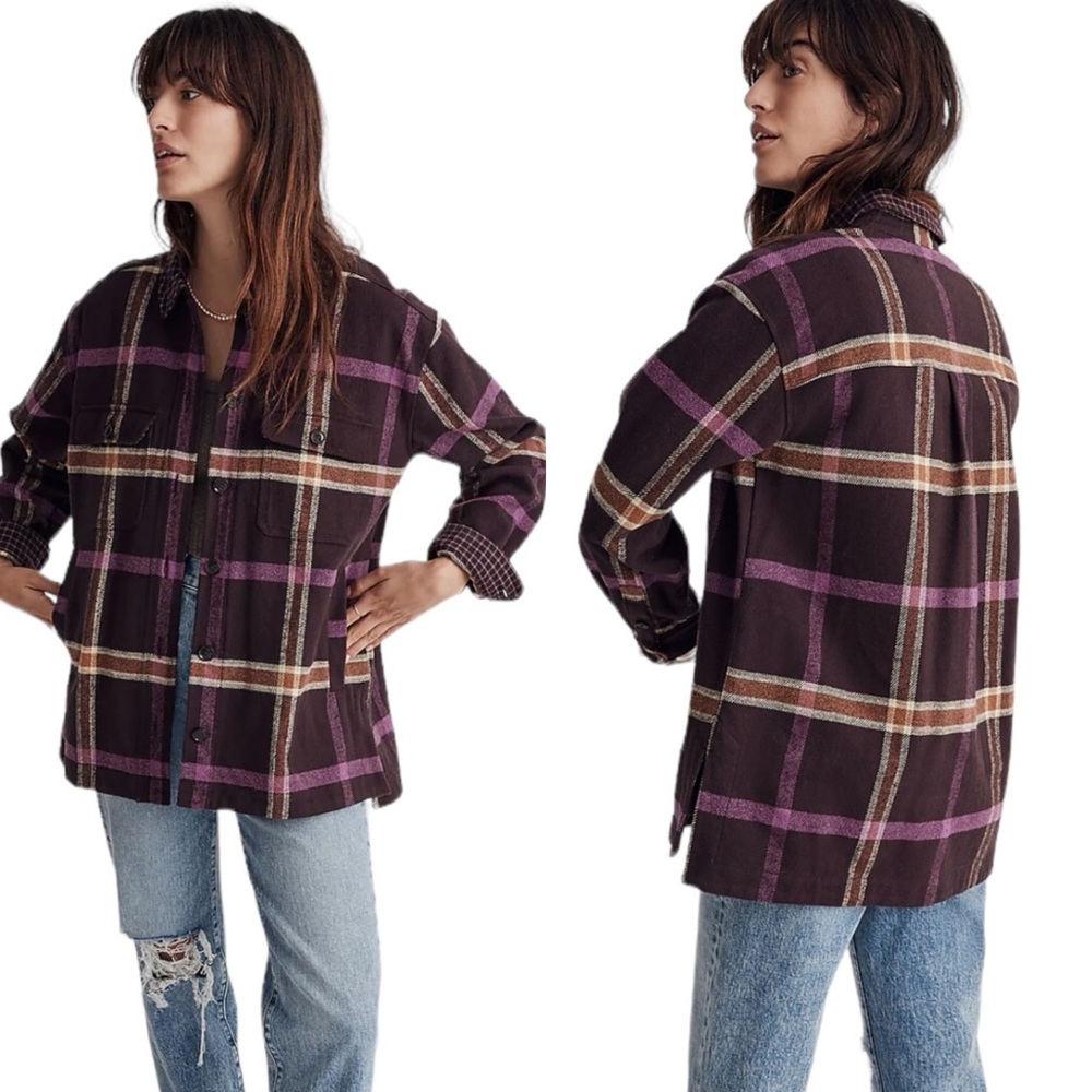 Madewell Rigby Flannel Shirt Jacket Sz M Plaid Brown Purple Grunge 90s Gorpcore